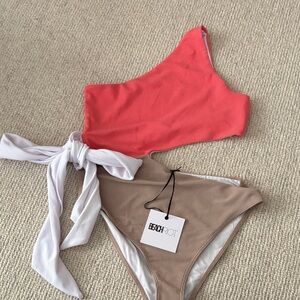 Beach Riot Coral and Tan One Shoulder Swimsuit
